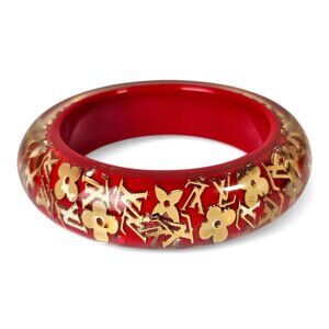 LOUIS VUITTON Red Monogram Inclusion Bracelet GM Charm Bangle Gold LV Logo Charm